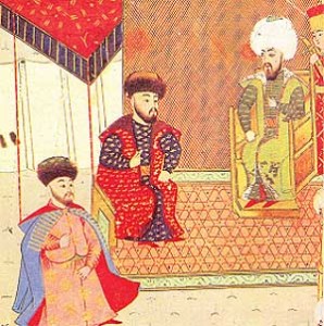 Meñli I Giray (centre) with the eldest son, future khan Mehmed I Giray (left) and Turkish sultan Bayezid II (right) Date 	 Source 	http://hansaray.iatp.org.ua/u_geray_ist.html Author 	Turkish miniature (XVI centure)